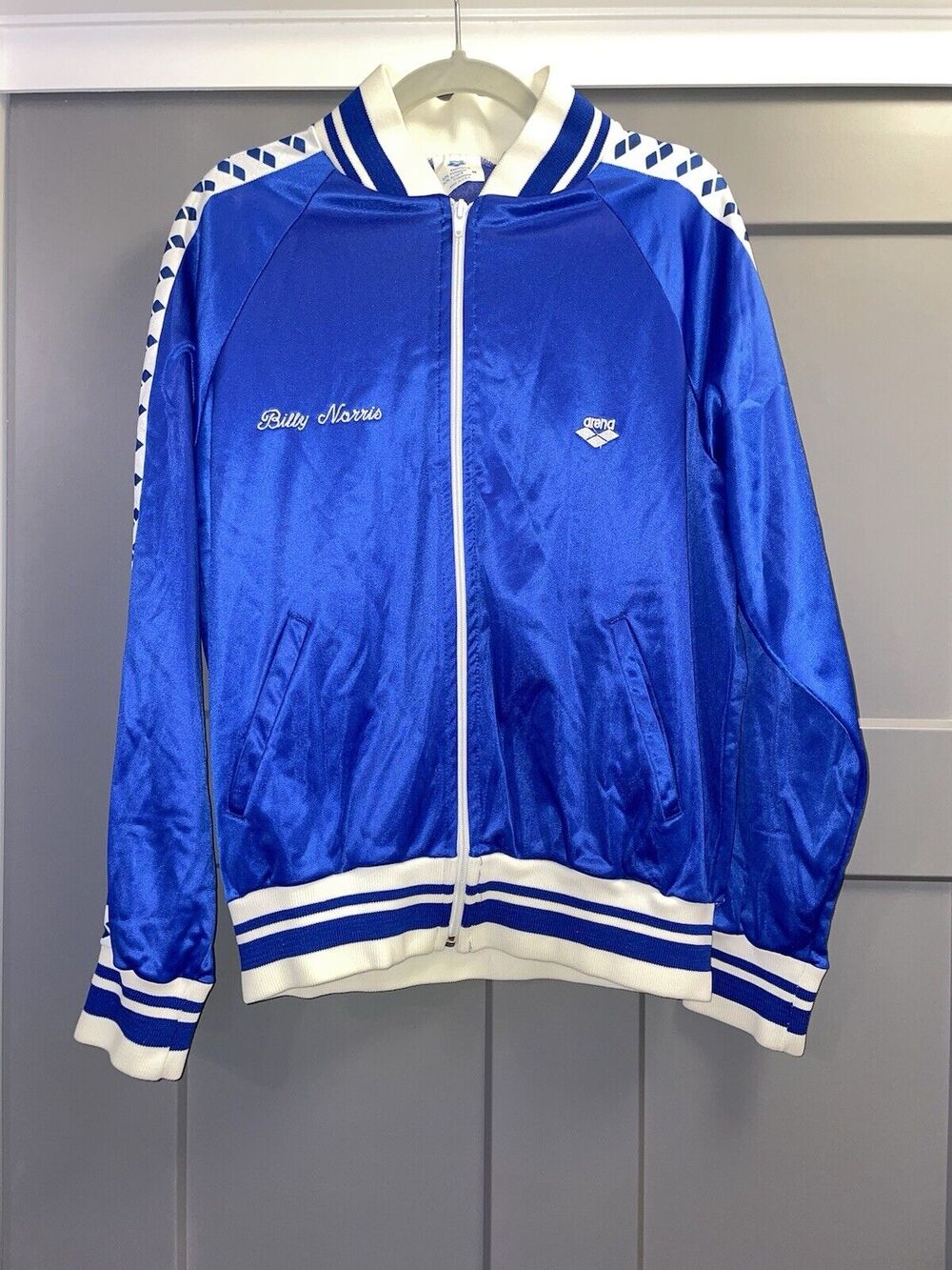 Vintage Arena Zip Up Track Blue & White Jacket Size M Tape Logo Sleeves *Flaws